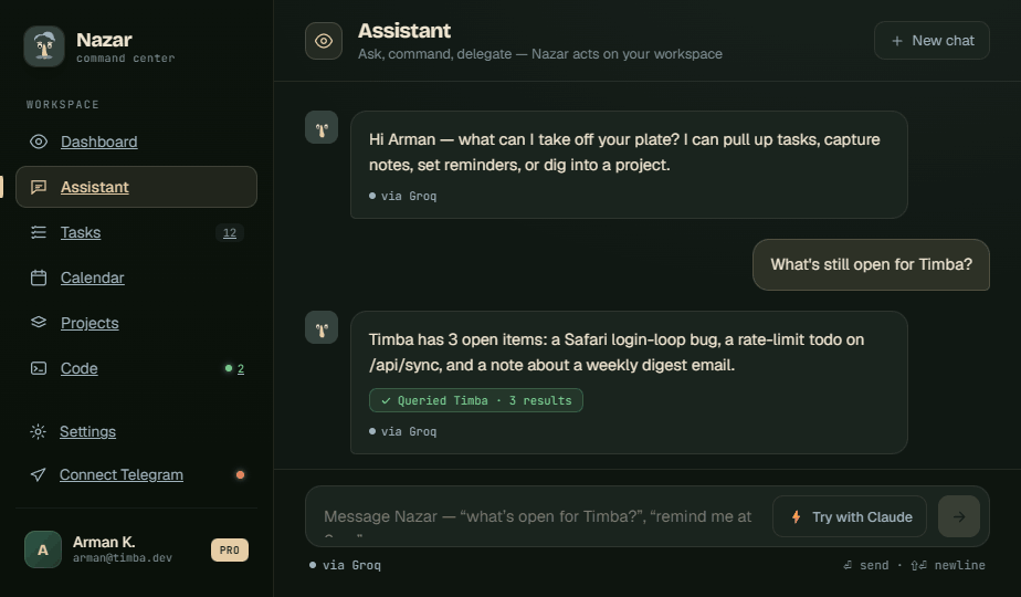 Nazar assistant answering a question about what is still open for a project