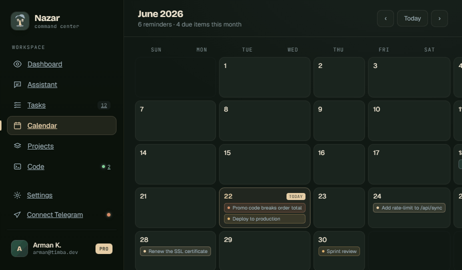 Nazar calendar month view showing due tasks and reminders