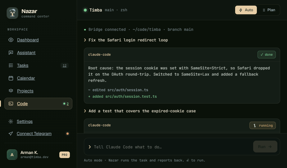 Nazar code command centre streaming a live Claude Code session with Plan and Auto modes